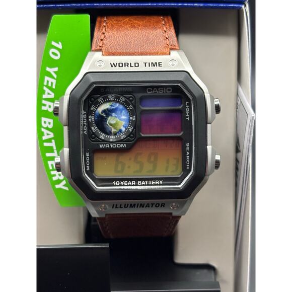 Casio AE1200WH Custom Sunset Filter Globe Leather Strap World Time - Picture 4 of 17